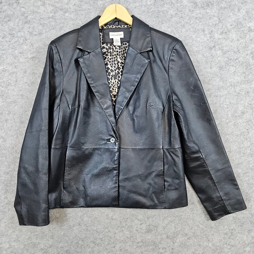 Kim Rogers Women's Black Leather Jacket Leopard Print Liner Size L MINOR SCUFFS